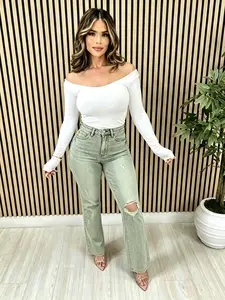 Women's Vintage Distressed Ripped Micro Flare Jeans, Elastic Slim-Fit Shaping Long Pants, All-Season Solid Pattern, Zipper Fly Closure
