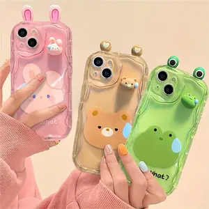 Phone Case: Cute Cartoon 3D Transparent Pink Rabbit Green Frog Brown Bear Wavy Border Protector Phone Soft Phone Case for iPhone 15 14 13 12 11 Pro Max XS Max X XR Soft Cover