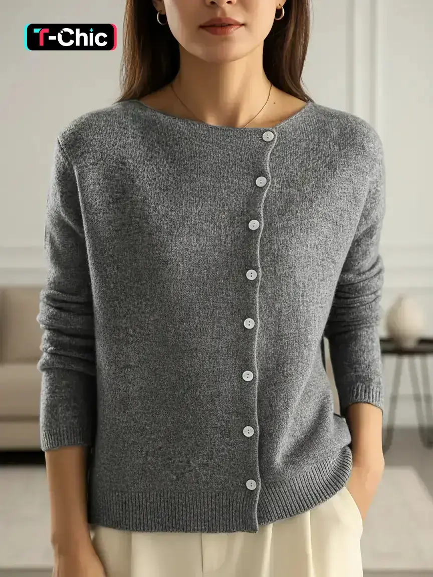 Women's Plain Button Front Cable Knit Sweater, Fit Casual Long Sleeve Round Neck Jumper for Fall & Winter, Women's Knitwear for Daily Wear
