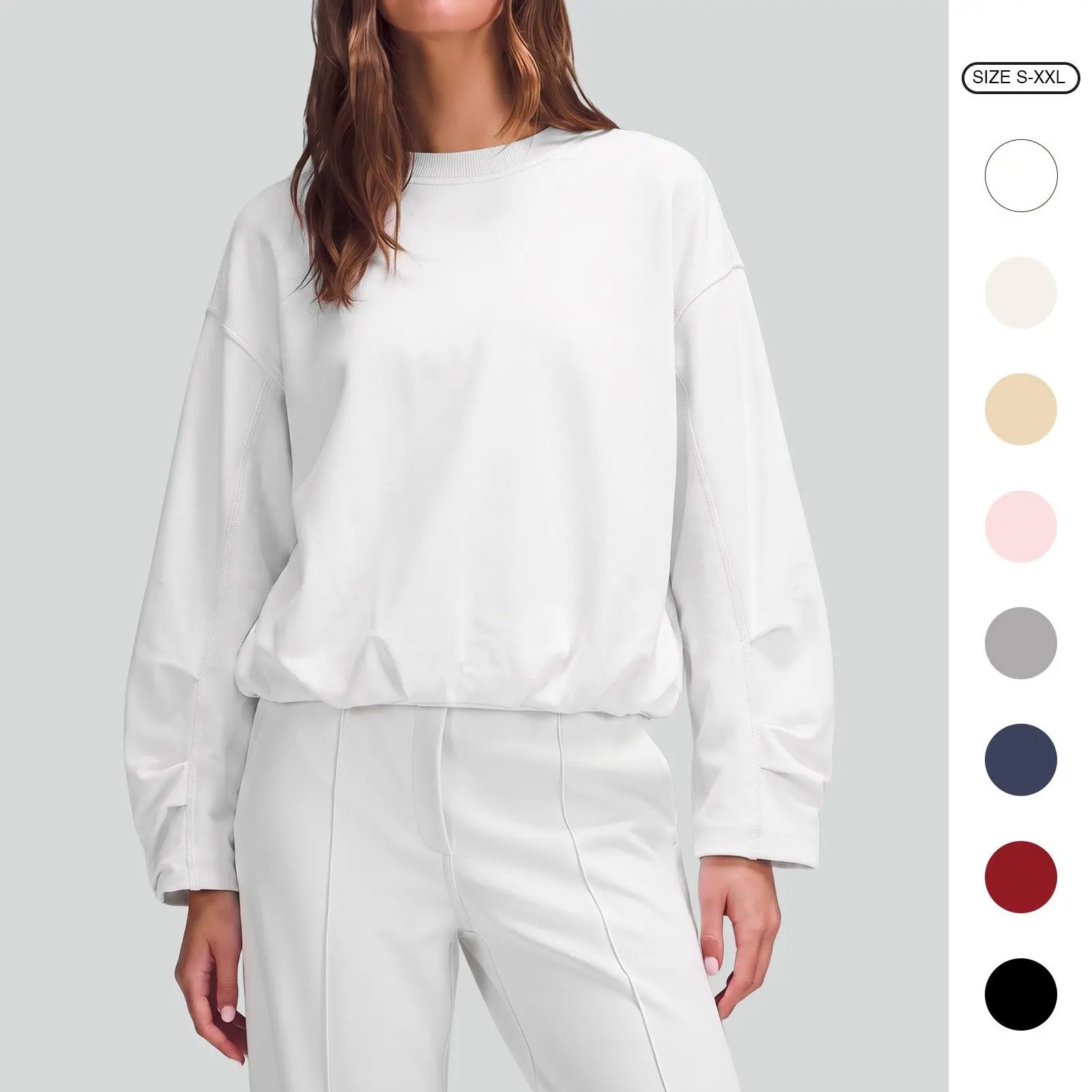Women’s Cozy Oversized Crewneck Sweatshirt, Drop Shoulder Long Sleeve Pullover with Elastic Hem, Casual Solid Color Everyday Fall Top
