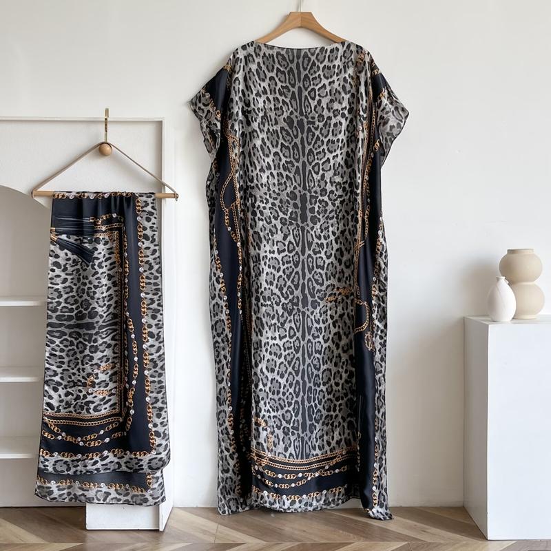 Floral Print Dress with Scarf, Elegant Casual Robe Dress, Loose Fitting Long Maxi Skirt with Short Sleeves, Women's Summer Lounge Wear Two Piece Set