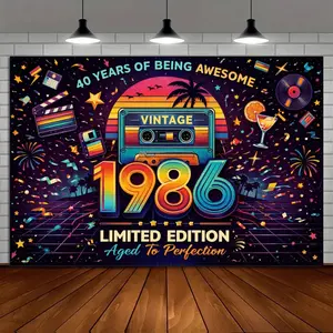 Retro 80s Nostalgia Party Backdrop Cloth, Vintage Tape Style Tapestry Wall Hanging Photography Background Premium Polyester Fabric, Birthday Celebration Decor, Theme Party Setup, Photo Studio Prop, Nostalgic Event Background