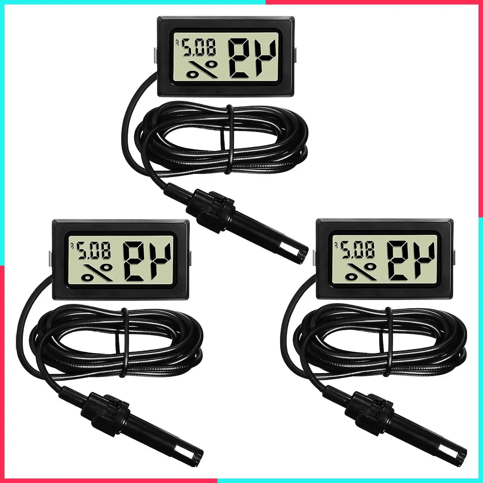 Mini Digital Temperature Humidity Meter with Probe, LCD Fahrenheit Display Thermometer Hygrometer for Incubator Reptile Plant Greenhouse Chicken Coop Garden (Black, 3 Pieces)