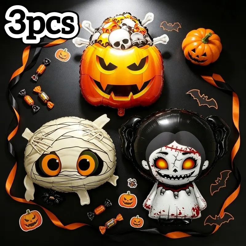3pcs Halloween Aluminum Foil Balloons, Bandaged Mummy Spider Ball, Skull Pumpkin Balloon, Zombie Girl, Dark Theme Party Decorations