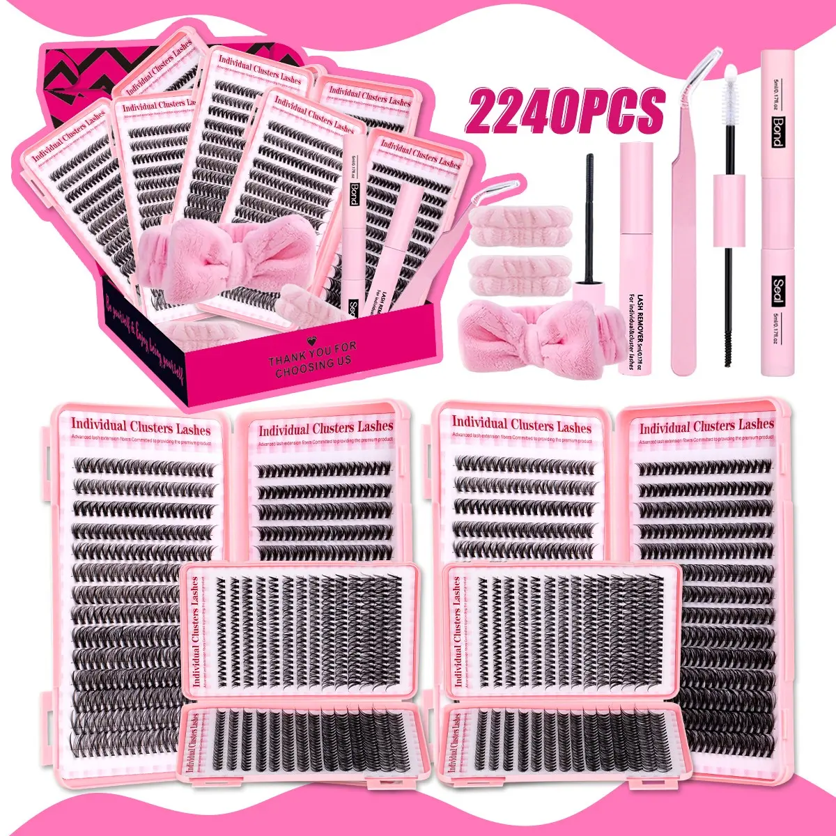 Large Capacity Eyelash Cluster Set, 30D&40D DIY Mixed Lash Clusters Kit,  Natural Lashes Kit, Long-Lasting Waterproof False Lashes， Includes Bond&Seal, Remove, Eyelash Tweezers, Hair Band & 2 Wristband, Cosmetic