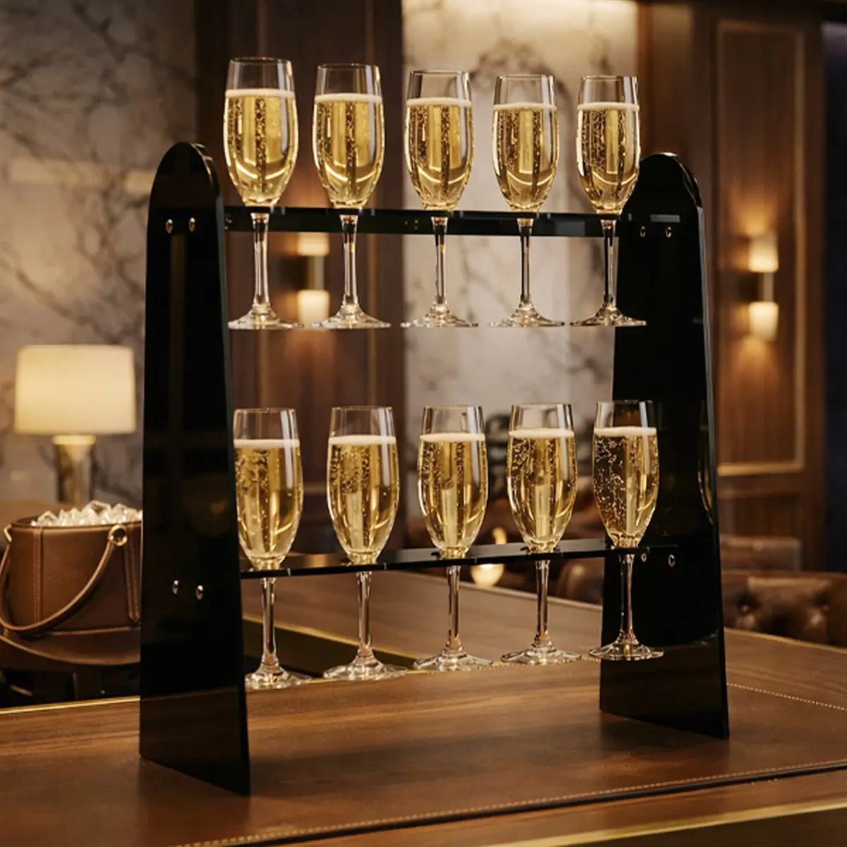 1pcs Champagne Wall Rack, Dual Layer Acrylic Base, Holds 10 Cups, Convenient and Practical, Ideal for Beverage and Wine Glass Display, Elegant Home Decor