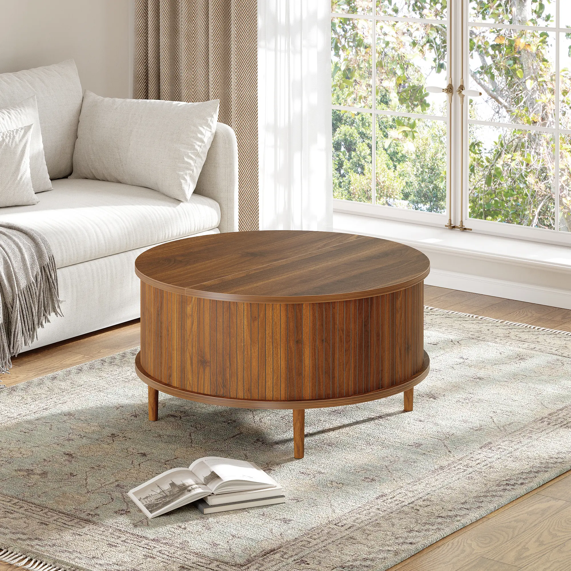 Modern Round Lift-Top Coffee Table, 31.5 in Fluted Wood Center Table with Hidden Storage, Space-Saving for Small Living Rooms & Apartments