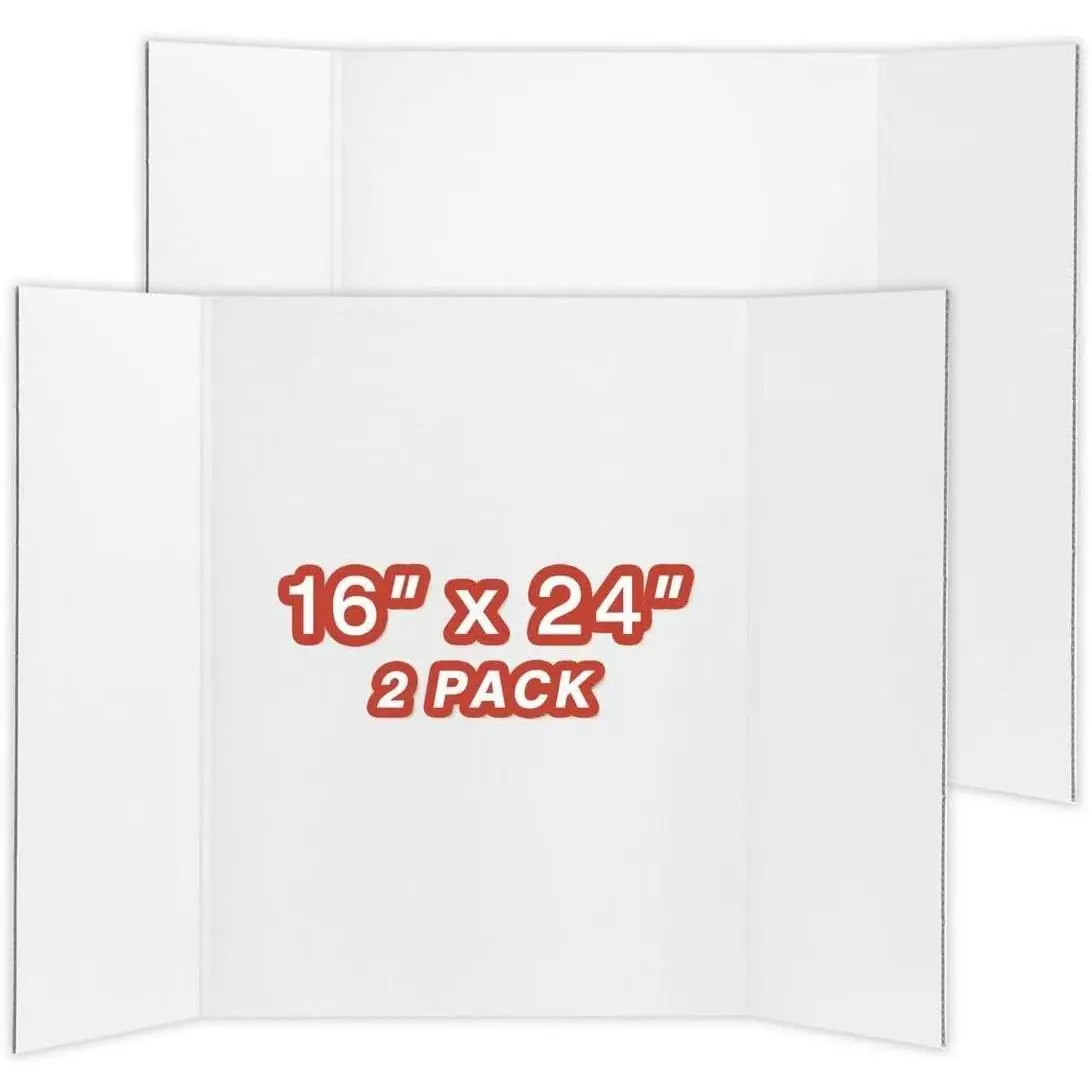 Mini Size Trifold Poster Board, 16" x 24", Small Corrugated Project Boards, White, 2 Pack