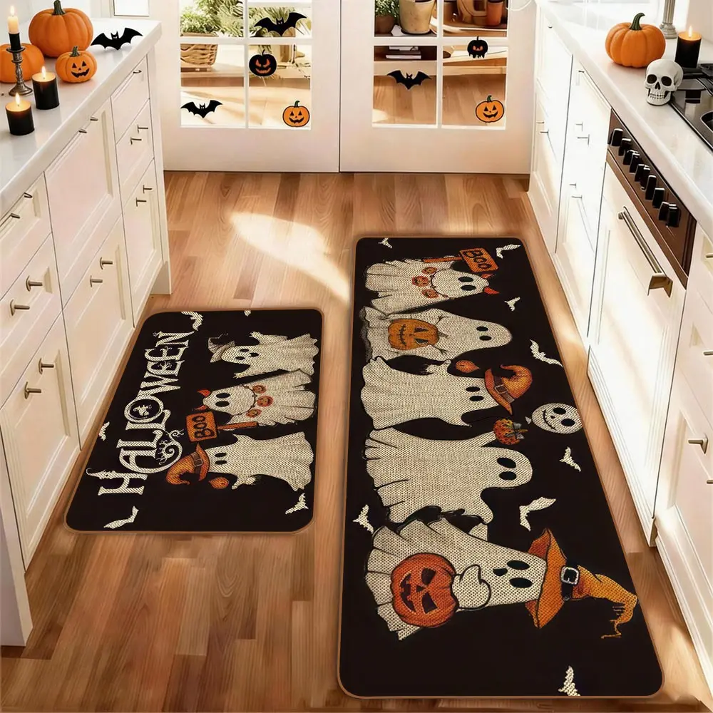 Set of 2Halloween Kitchen Rug Set, Washable Non-Slip Floor Mats, Cat Skull Pumpkin Design, for Kitchen Laundry Hallway Decor