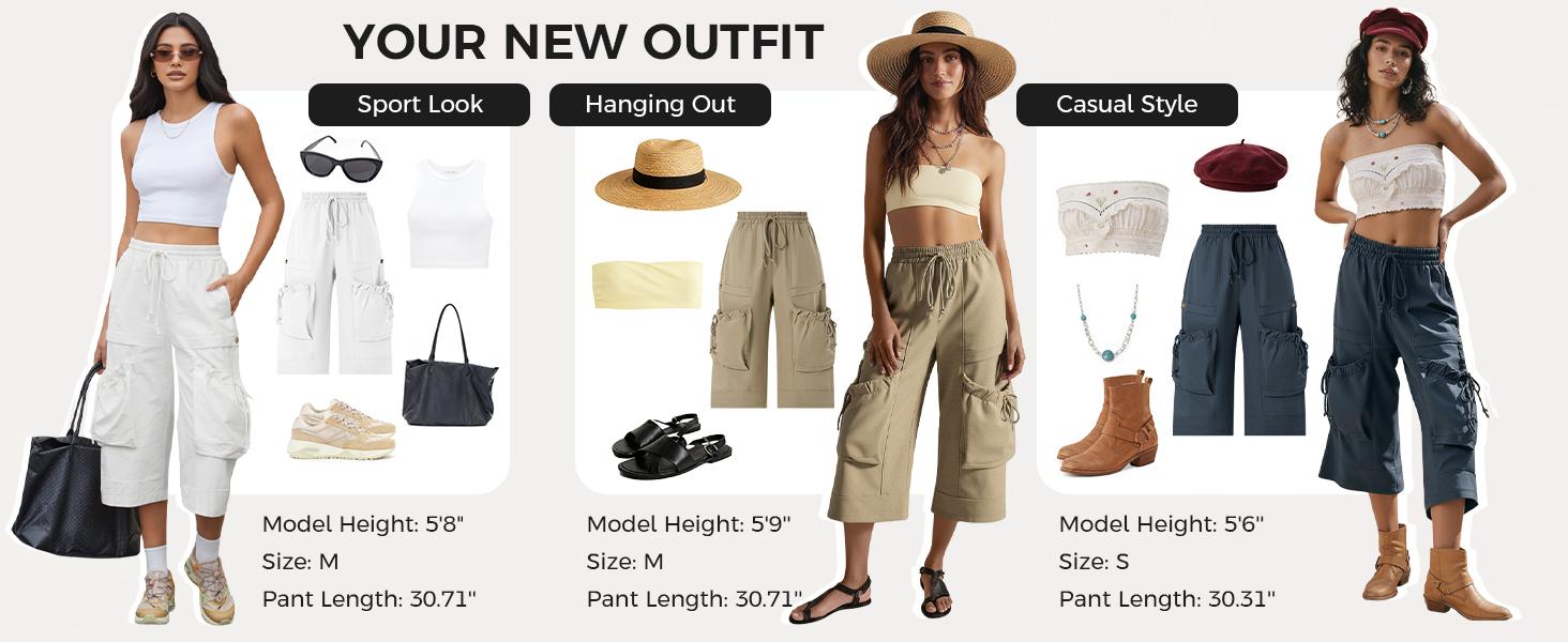 Aoysky Womens Wide Leg Cargo Capris Drawstring Elastic Waist Baggy Cropped Pants with Utility Pockets Casual Trousers