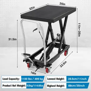 Heavy Duty Hydraulic Scissor Lift Table Cart – 1100 lbs Capacity – Max Lift Height 35.4" – Rust-Resistant Steel Platform, Non-Slip Pad, Locking Swivel Wheels, Ergonomic Foot Pedal – Ideal for Warehouse, Garage, Factory
