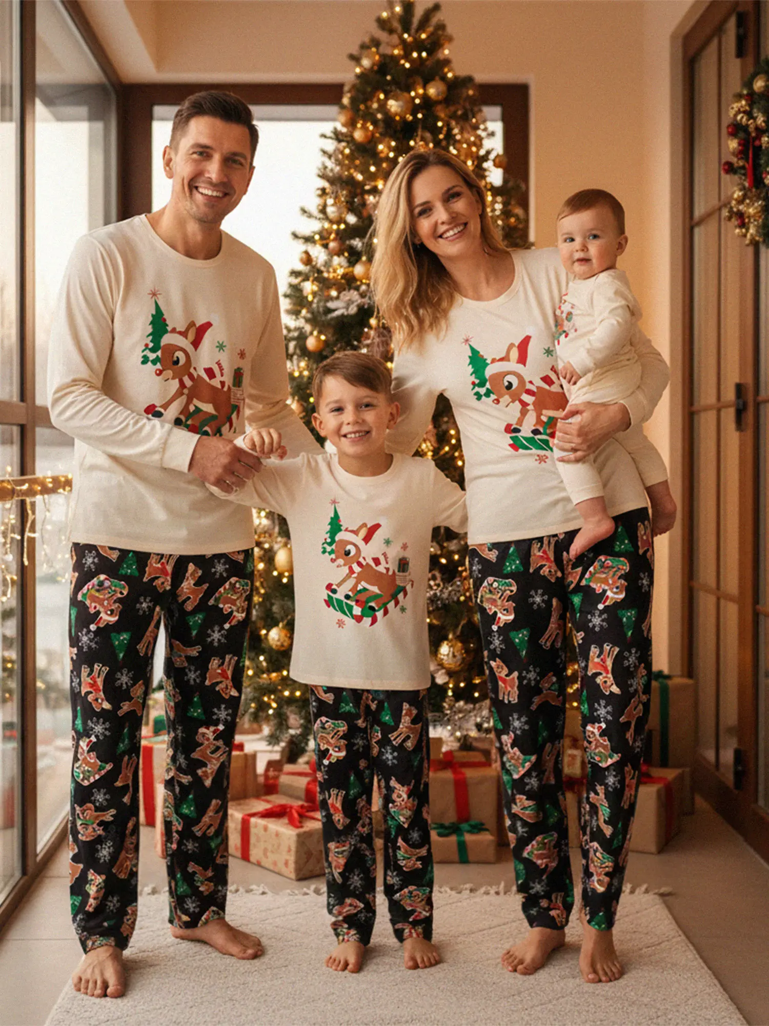 Christmas Pajamas for Family, Long Sleeve Deer Print Tops + Pants Set for Adults, Kid, Baby, Dog