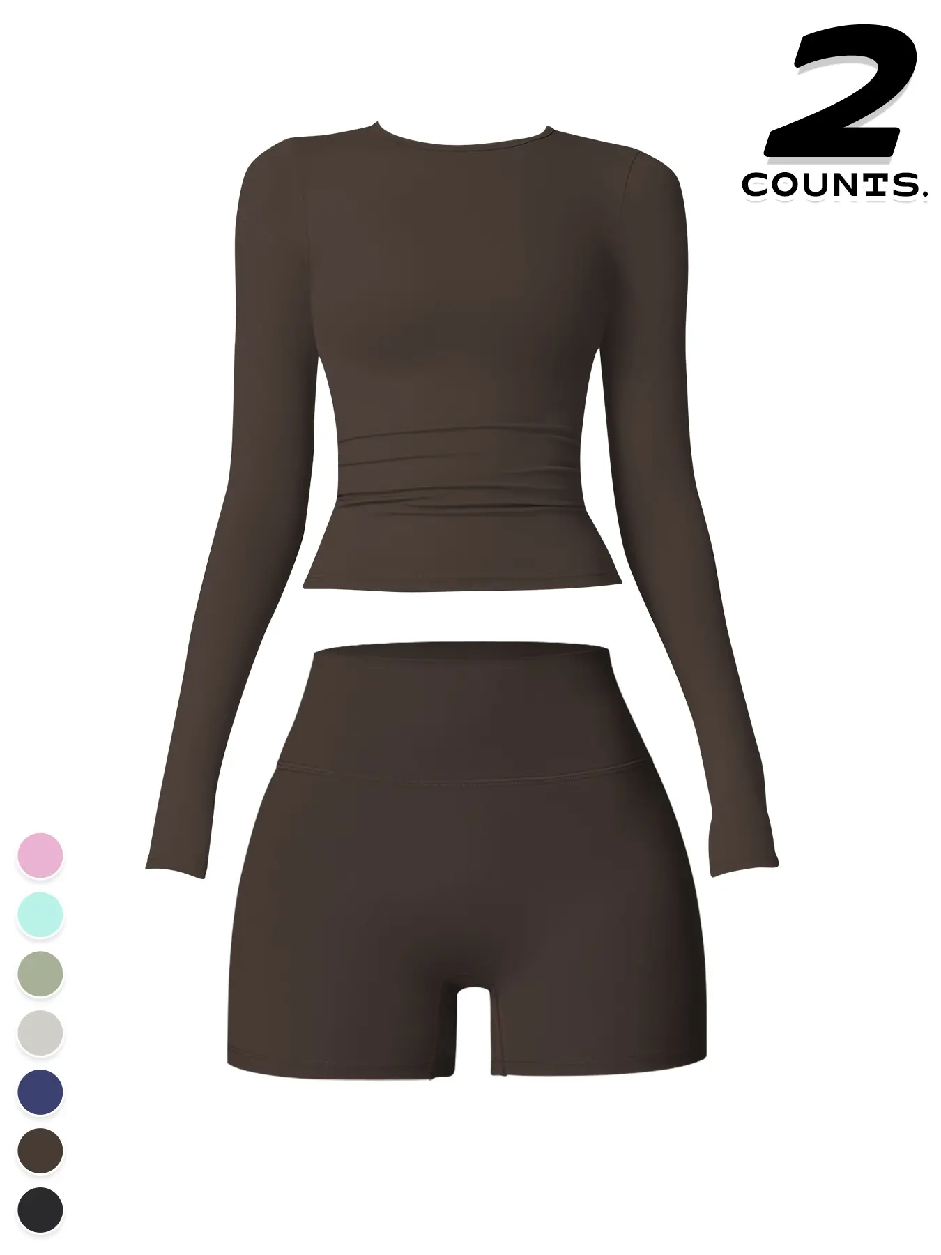 Women's Sporty Two-Piece Set, Athleisure Workout Set, Long Sleeve Breathable Round Neck Top & High Waist Shorts, Comfortable Running Gym