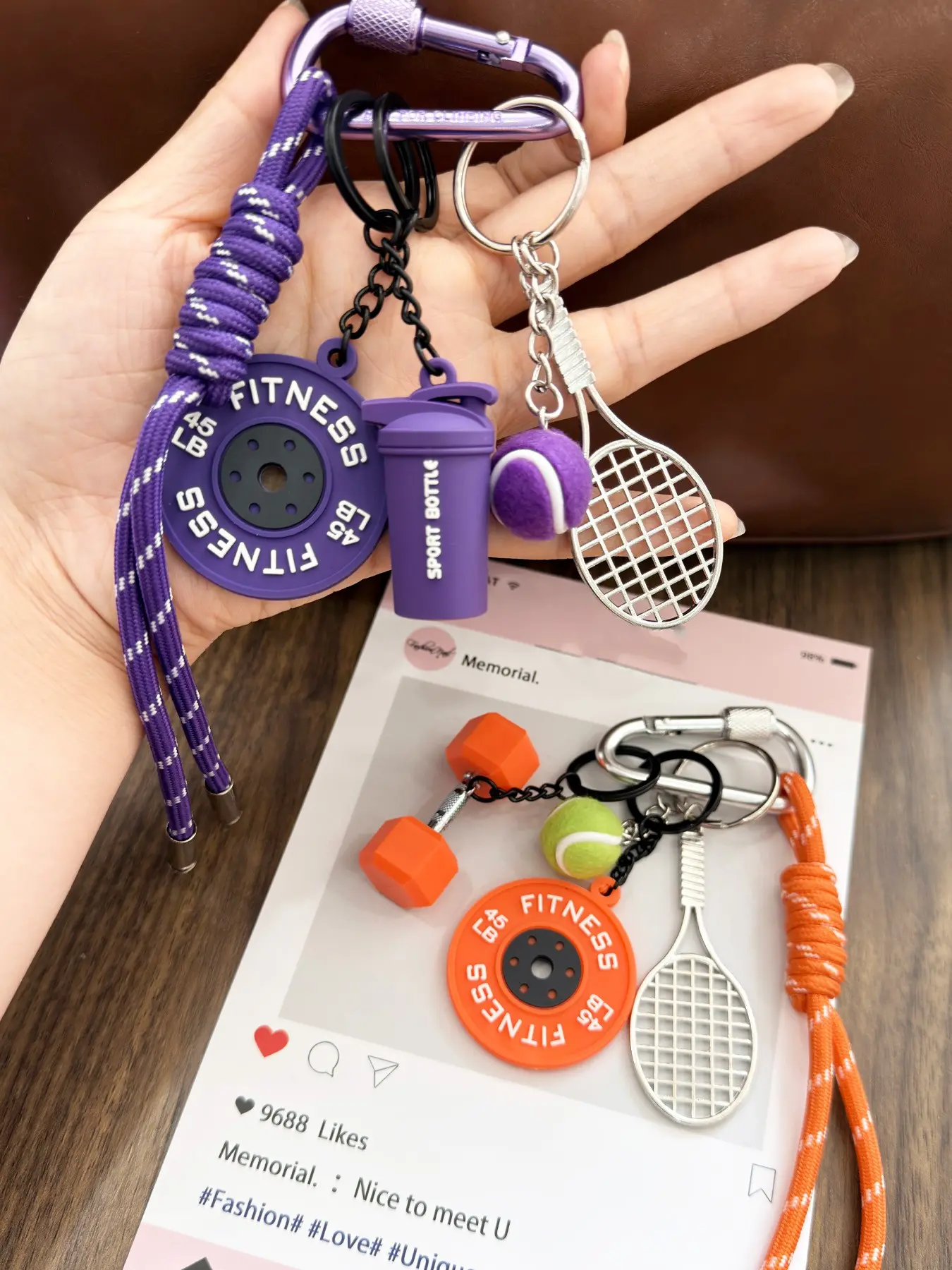 Fitness Keychain, Cute & Trendy Sports Bag Charm with Tennis Racket, Dumbbell & Water Bottle, Portable Workout Accessory for Gym Lovers, Sturdy & Unique, Ideal Small Gift for Students & Young Adults