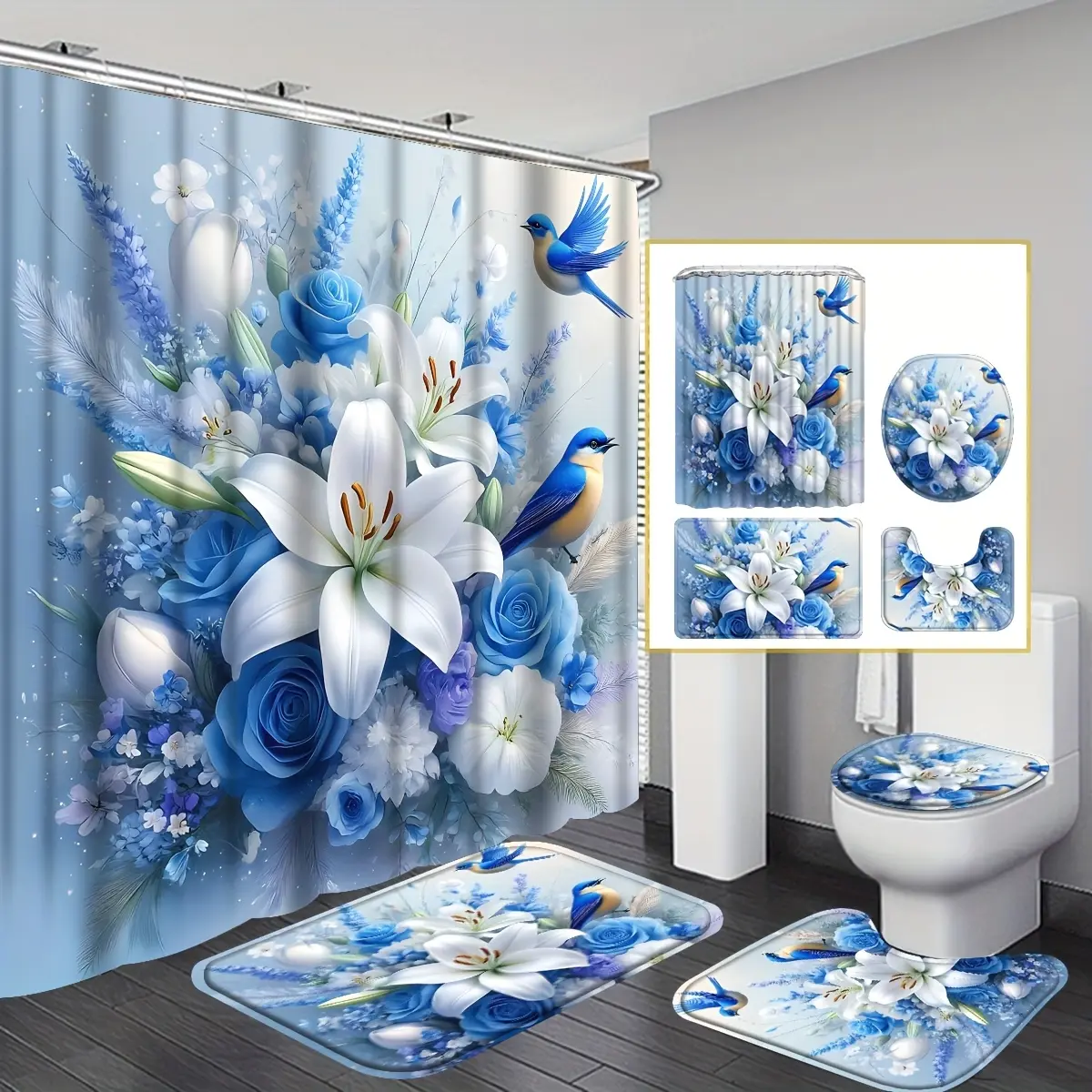 4-Piece blue decorative shower curtain sets, elegant Nordic style blue rose and lily floral bathroom set with 12 hooks, floor mats and rugs, machine washable, stylish blue flower and bird pattern, bright flower bathroom decoration and accessories