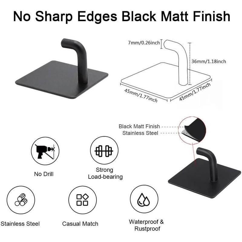 Adhesive Hooks for Hanging, Self-Adhesive Wall Hook for Key Hat Coat, No Drill Stick on Bathroom Towel Hooks, Shower Kitchen Door  Outdoor 8 Pack, Black
