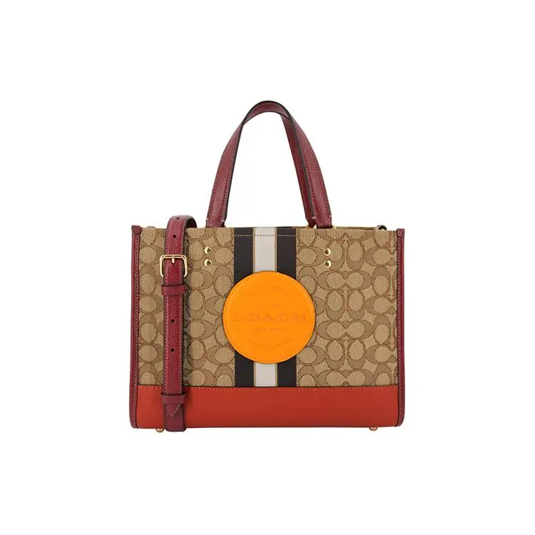 Coach Dempsey Tote Bag for Women – Iconic Jacquard Monogram with Pebbled Leather, Brown and Orange