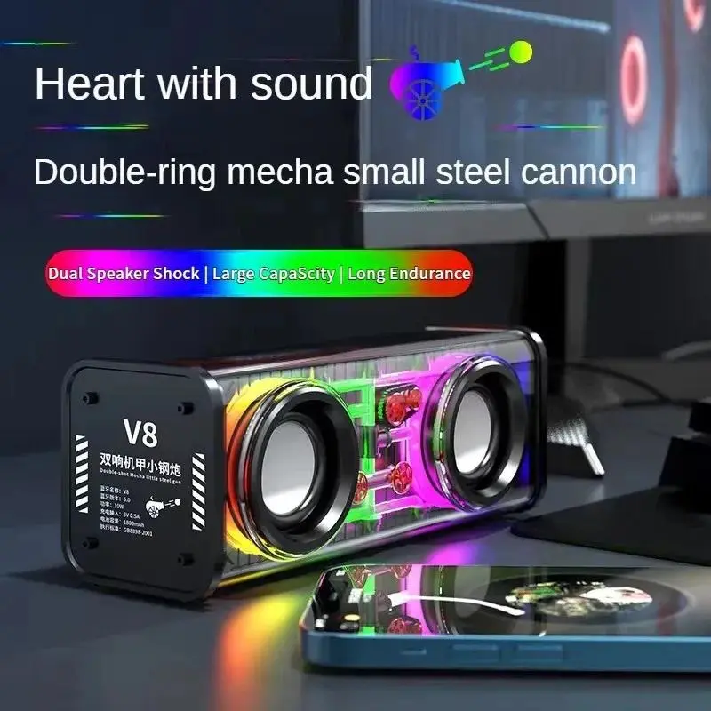 Transparent Mecha Speakers Bluetooth 5.0 Wireless Double Bass Diaphragm Subwoofer Music TWS RGB Light Mini Party Loudspeaker