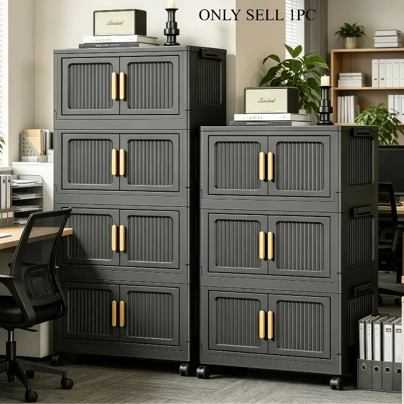 3/4/5/6 layer foldable storage cabinet with lid and wheels, no assembly required, double door floor standing storage cabinet, multifunctional document and miscellaneous storage rack, suitable for office, living room, and organizing storage