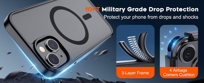 Magnetic Phone case for iPhone 17/16/15/14 Plus/13/12 Pro Max Case Military Grade Drop Protective Phone Cases (Compatible with MagSafe)(10 FT Military Grade Drop Protection) Slim Translucent Matte Shockproof Phone Cover for iPhone Pro Max