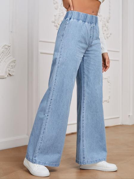 Women's Elastic Waist Wide Leg Jeans, Light Blue Loose Fit Denim Jeans, Comfortable Stretchy Waistband, Casual Daily Wear, Pants