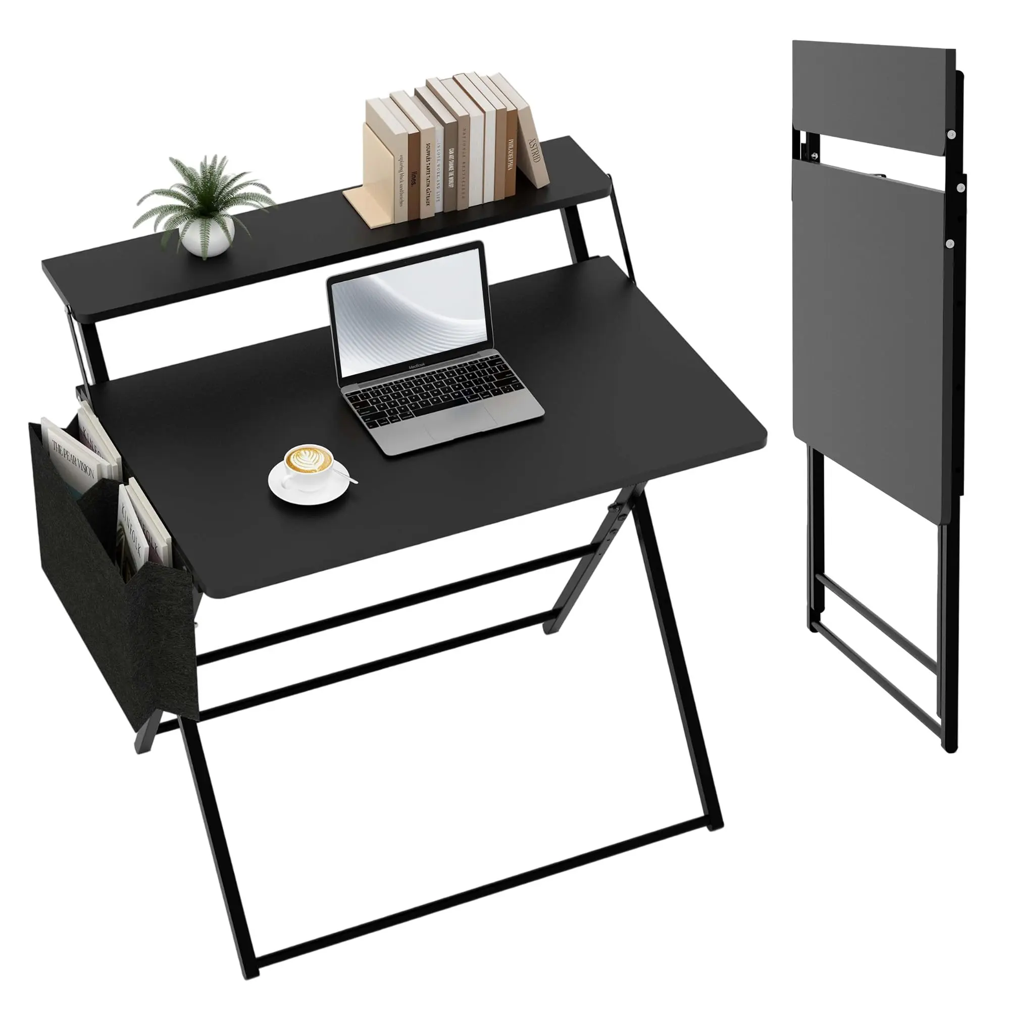 [SummerSale] GARVEE No-Assembly Folding Computer Desk with Shelf, 31.5 in Compact Portable Writing Desk, Sturdy Collapsible Laptop Table for Small Spaces/Home Office Furniture/Ideal for Home Office, Bedroom, Dorm & Apartment/Best Gift Ideas/Christmas Gift