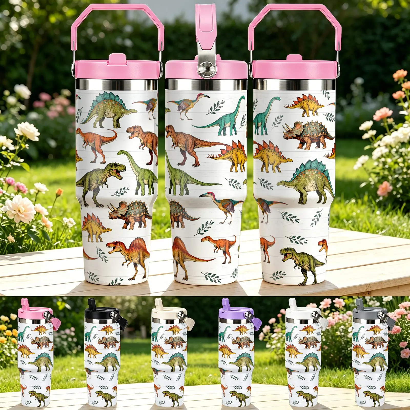Multicolor Dinosaur Pattern 30oz Insulated Ice Tumbler, 1pc 304 Stainless Steel, dual drinking ports long-lasting cold heat retention fits car cup holder, for iced tea milk tea, for office gym hiking as graduation gift