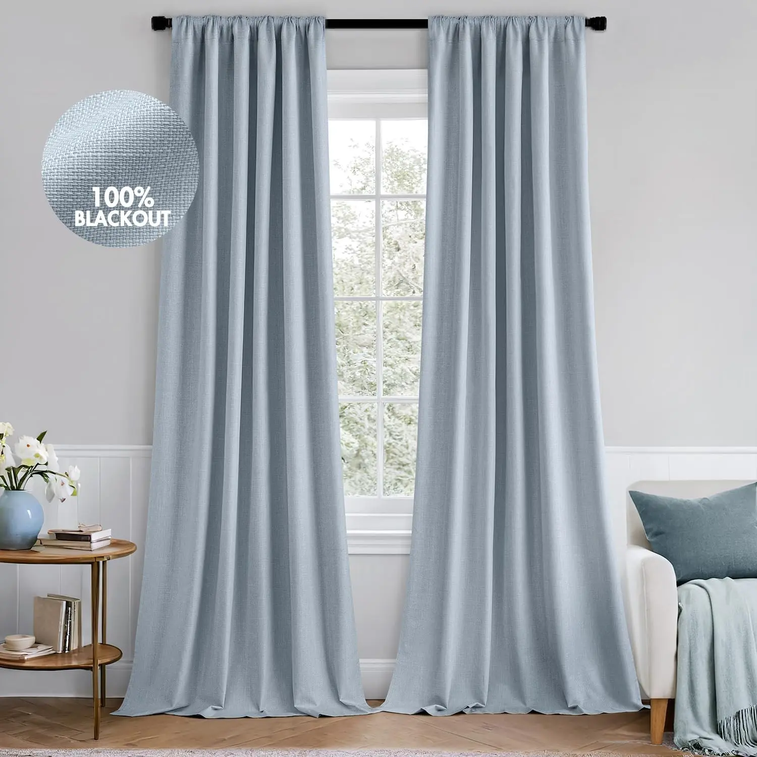 100% Blackout Curtains 84 Inch Long 2 Panels Set for Bedroom, Thick Faux Linen Black Out Curtain Room Darkening Back Tab Pleat Window Textured Drapes with Hooks for Living Room, Chambray BlueGift