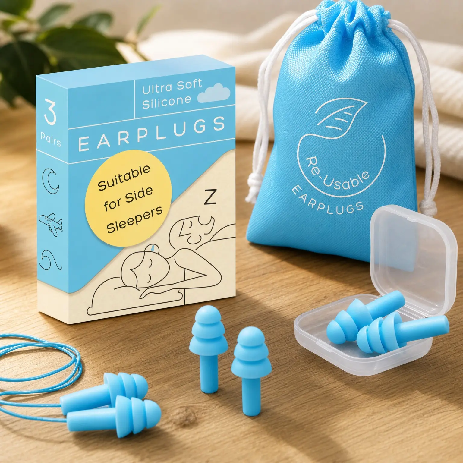 Soft Silicone Ear Plugs for Sleeping, Swimming, Concerts & Snoring - Reusable Noise Reduction Earplugs with Adjustable Fit, 3 Pairs