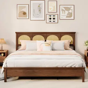 King/Full Size Bohemian Rustic Bed Frame w/ Rattan Headboard, Heavy Duty Wooden Slats Support, Easy Assembly, Under Bed Storage, Walnut Finish