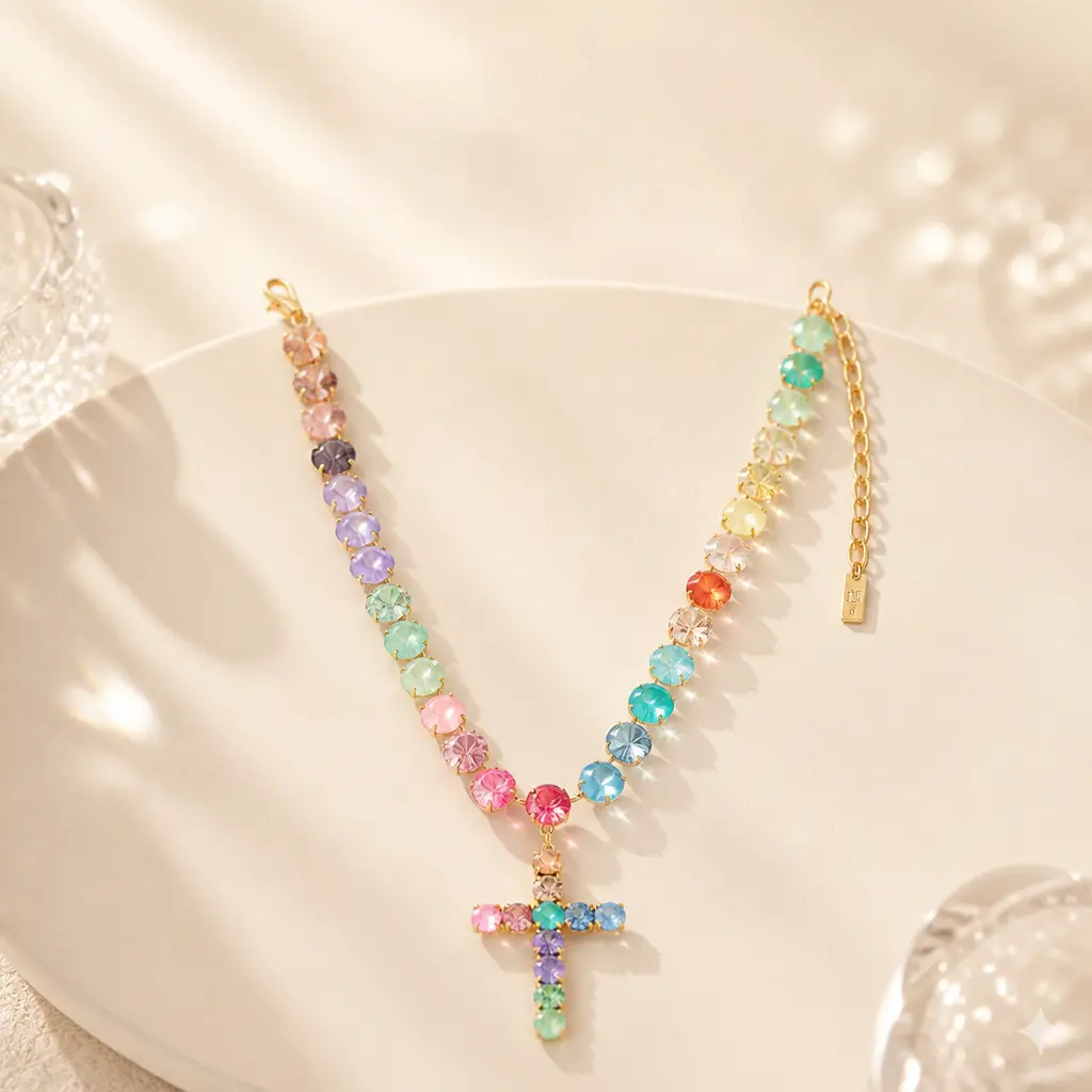 Double-Layered Cross Necklace with Decorative Rhinestones, Colorful Zircon Pendant Chain for Women, Colorful Cross Pendant Necklaces, Cross Emblem Necklaces