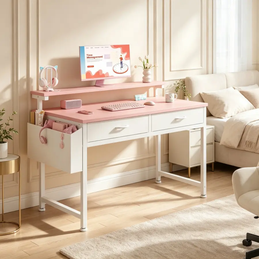 Pink Rectangular Wood Composite Home Office Computer Desk (39.4 in) - Built-in LED Lighting, Monitor Riser, 2 Fabric Storage Drawers, Side Storage Pocket, Foldable Adjustable Heavy-Duty Workbench with Wheels, Triamine Steel Legs