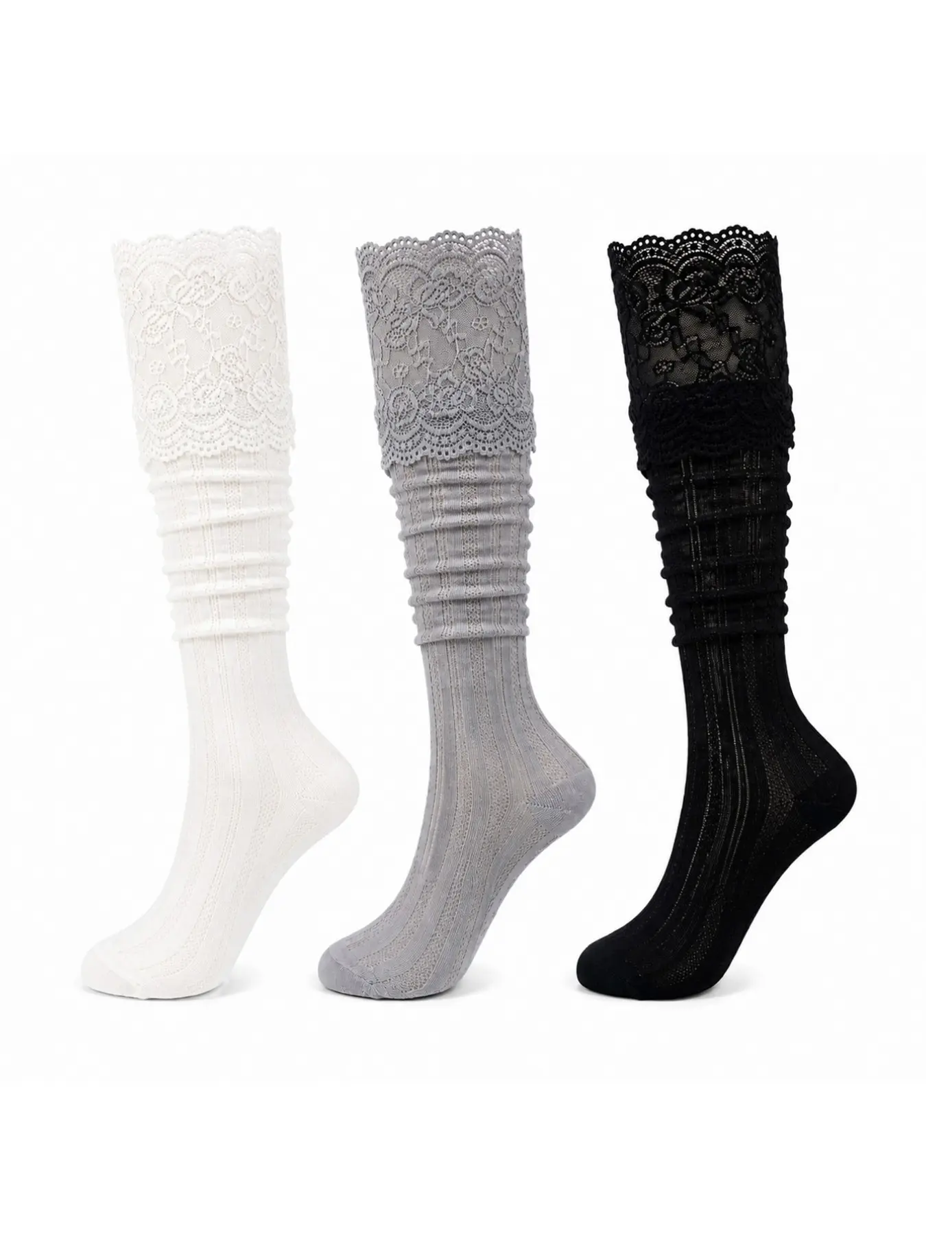 3 Pairs Knee High Socks for Women Lace Trim Stockings Y2k Lolita Slouchy Socks for Boots Flats