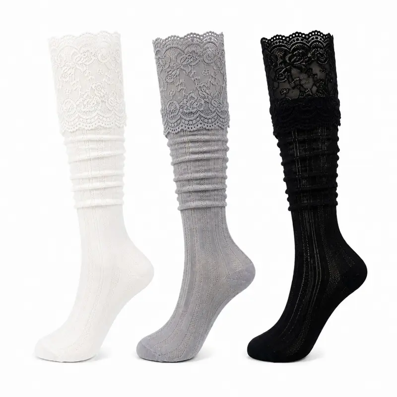 3 Pairs Knee High Socks for Women Lace Trim Fashion Stockings Y2k Lolita Slouchy Socks for Boots Flats