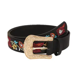Retro Women’s Belt with Chrysanthemum Floral Embroidery & Rhinestone Engraved Buckle