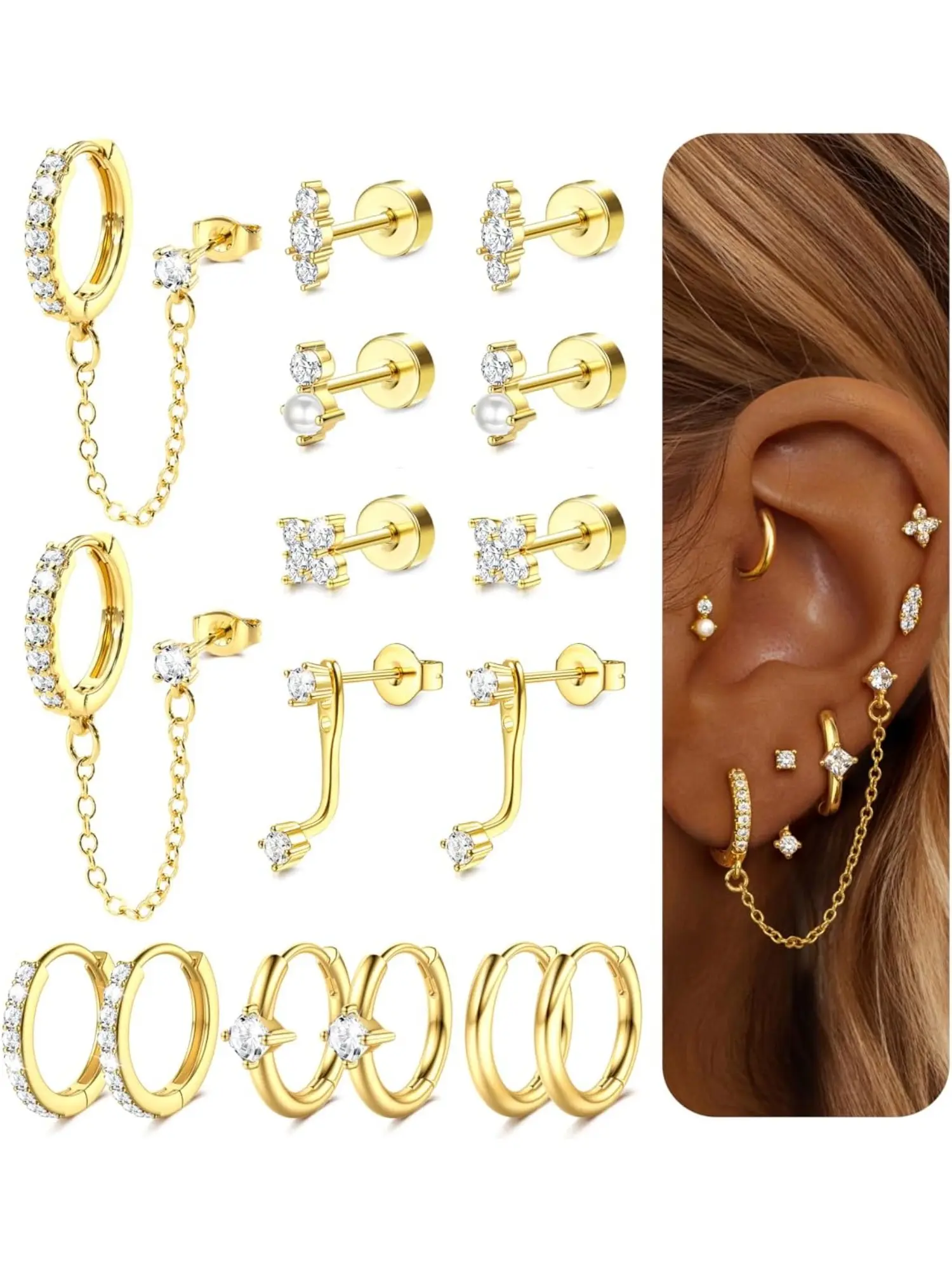 Hypoallergenic Flat Back Stud & Huggie Hoop Earrings Stackable Set, 14K Gold Plated Surgical Stainless Steel Cartilage Chain Earrings, Tiny Flat Back Piercing Jewelry For Women Trendy Daily Party Gift