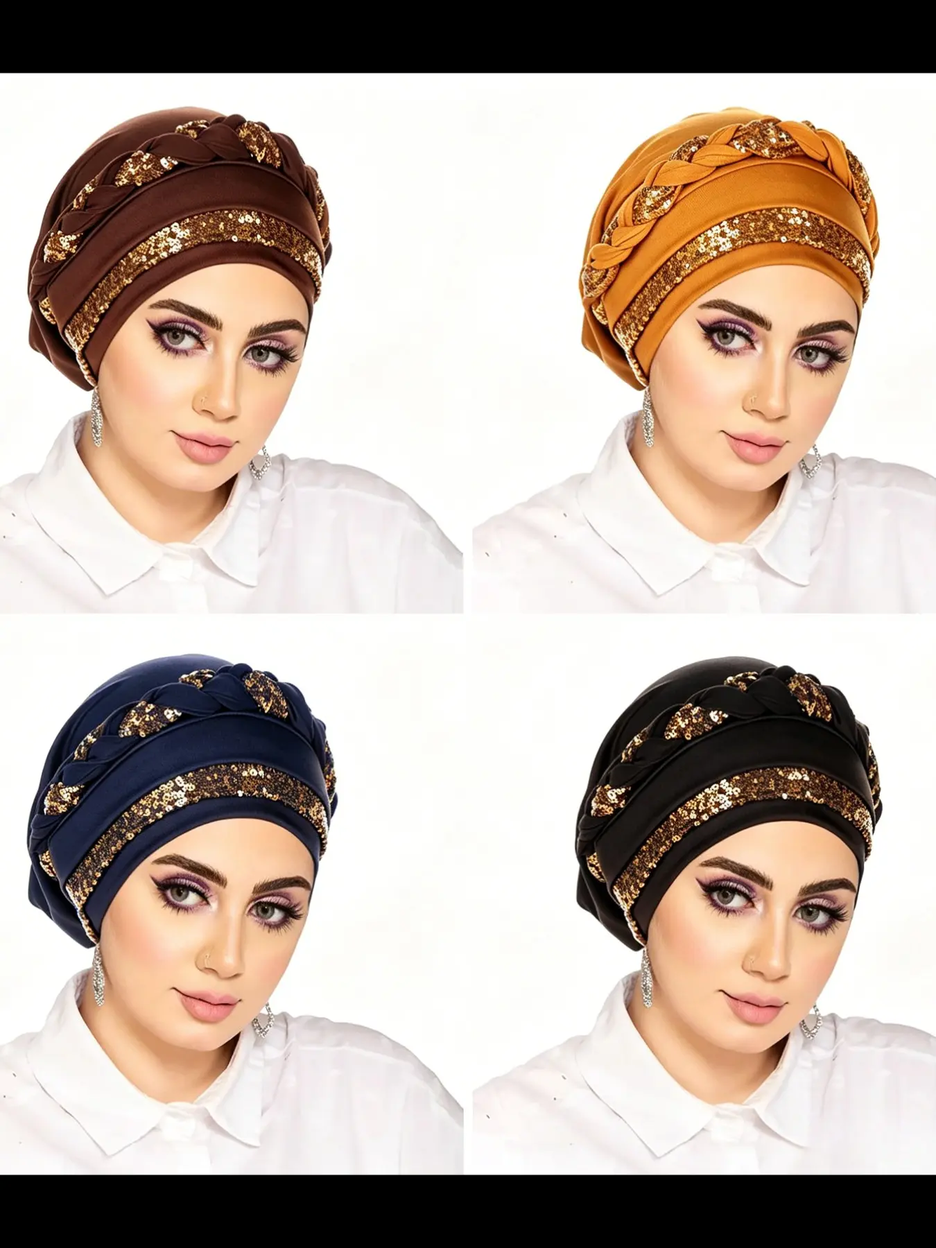 4-Piece Muslim Headscarf Set, Solid Color Glossy Embroidered Single Shoulder Scarves, Women's Daily Holiday Wear, Ideal Gift for Eid