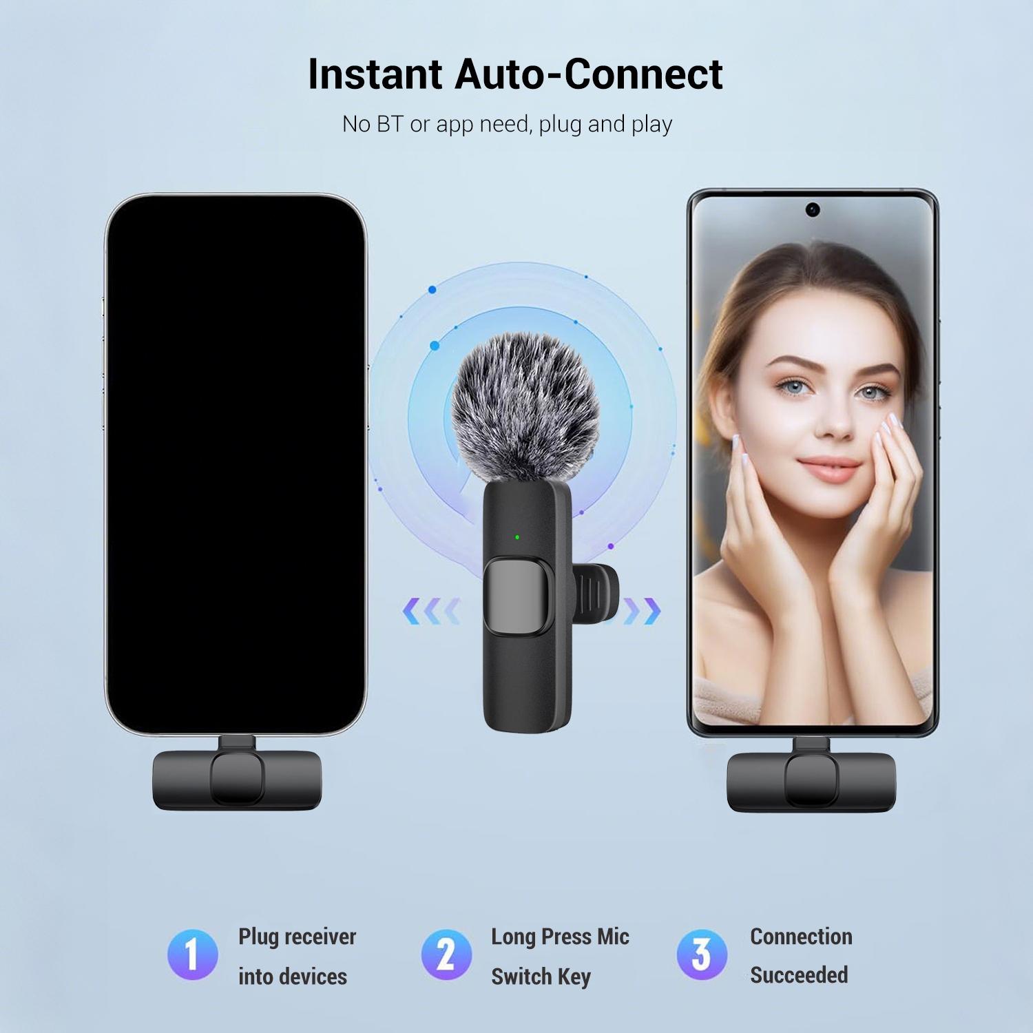 Wireless Mini Lavalier Microphone for iPhone, iPad & Android, Intelligent Noise-Cancelling Plug & Play Lapel Mic for Lightning, USB-Rechargeable Microphone for Short-Video Platforms, Video Recording, Vlogs & Live Streaming, USB Rechargeable Mic