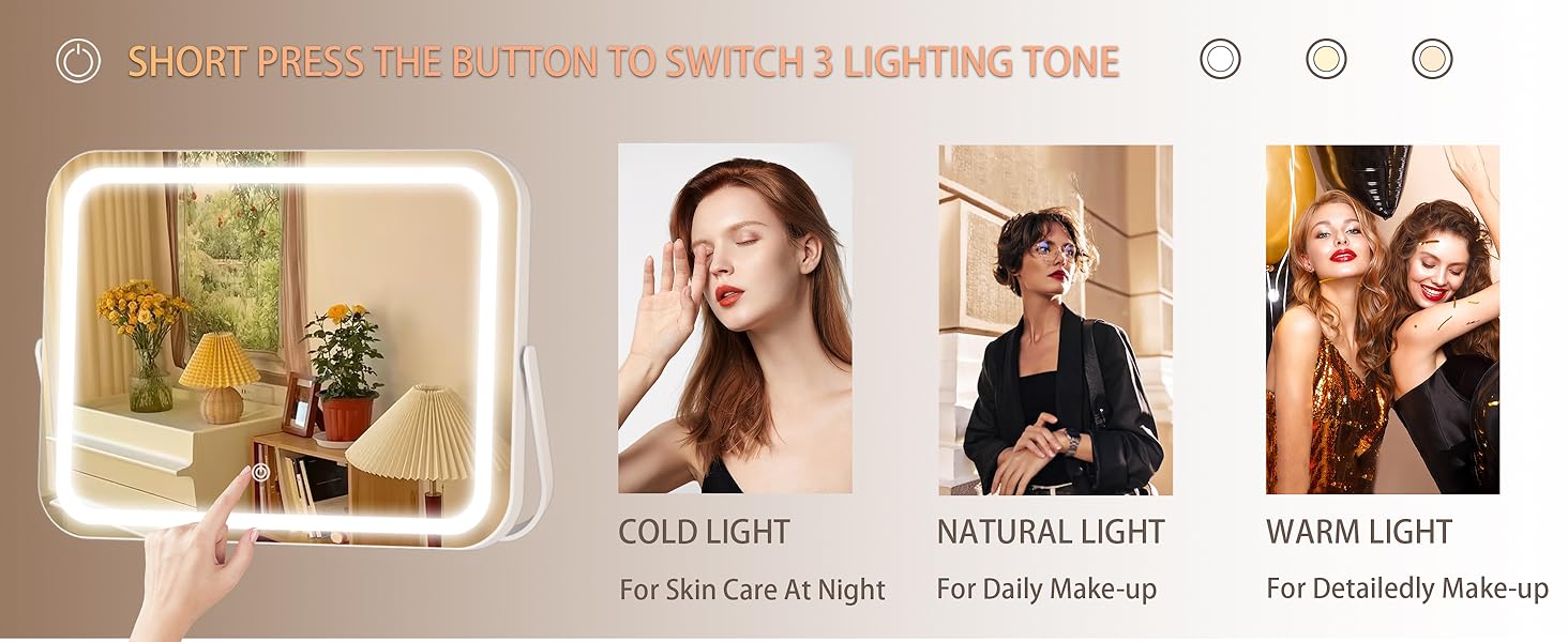 Mirror with Lights, 10" x 12" LED Makeup Mirror, 3 Modes Light, Dimmable, 360 °, Rectangle White Frame