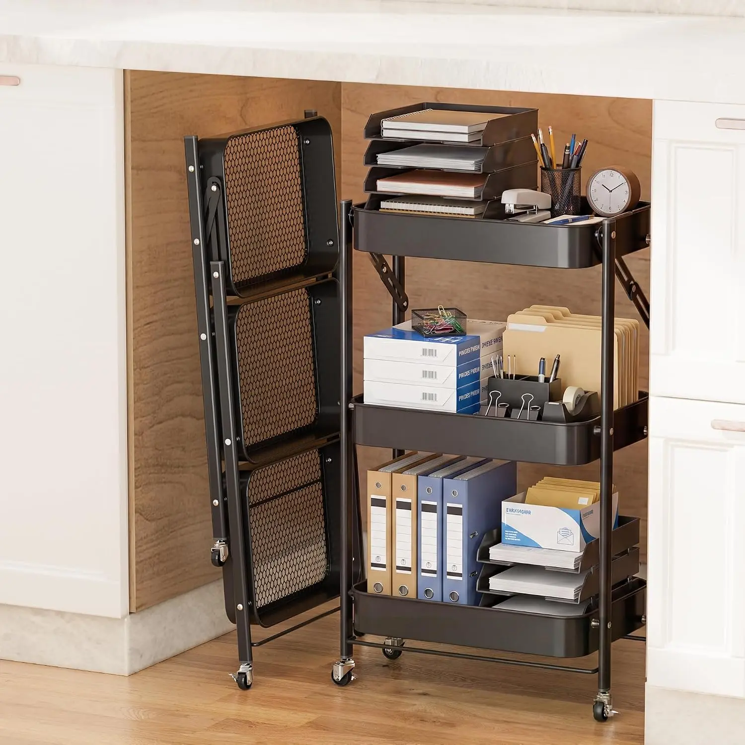 No Assembly Required Under Desk Rolling Cart, 3-Tier Foldable Metal Utility Cart, 26.8" Low Profile Storage Cart with Wheels, 10" Narrow Small Space Organizer, Black