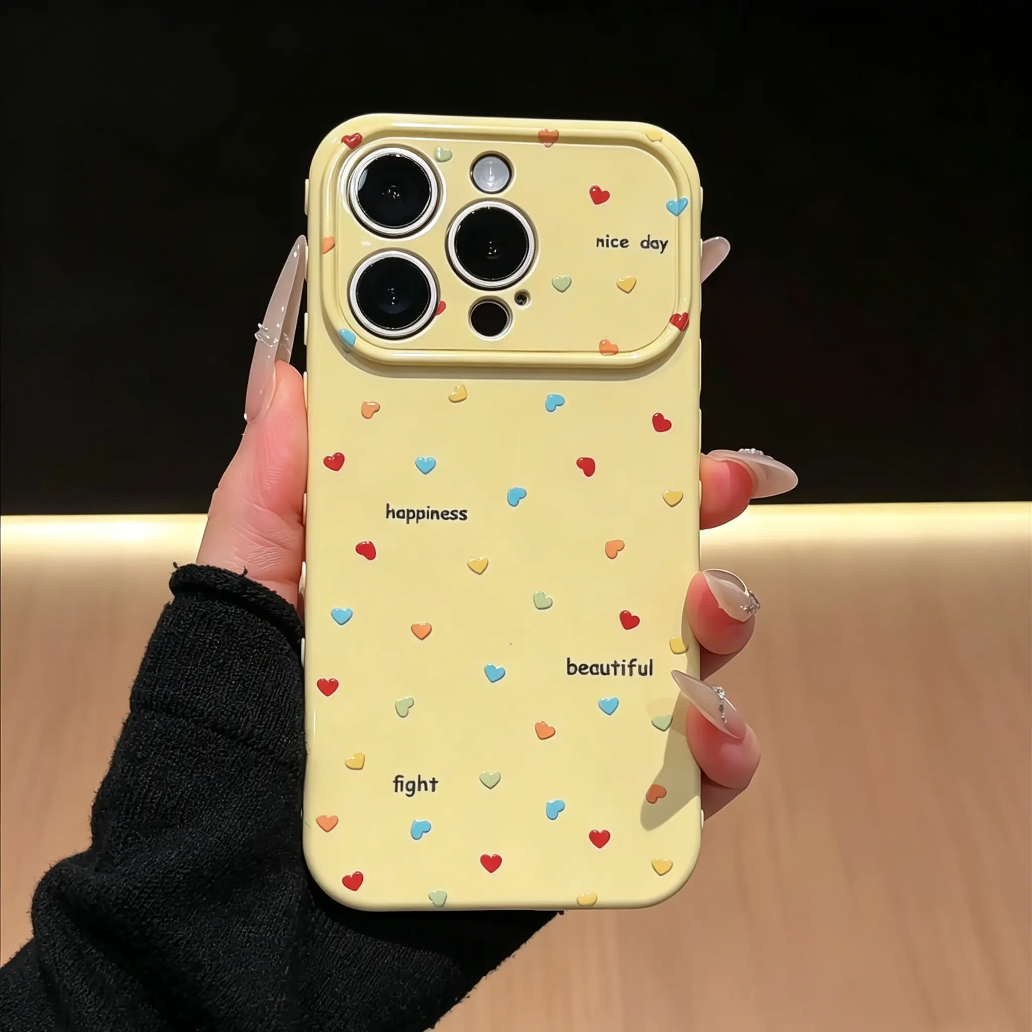 Cute Lovers' Pastel Scattered Colorful Hearts TPU+PC Phone Case for iPhone 13/14/15/16/17 Series, 3D Printed Glossy Smooth Anti-Fingerprint Shockproof Full-Wrap Anti-Scratch Cover with Large Camera Cutout, Mobile Phone Accessories