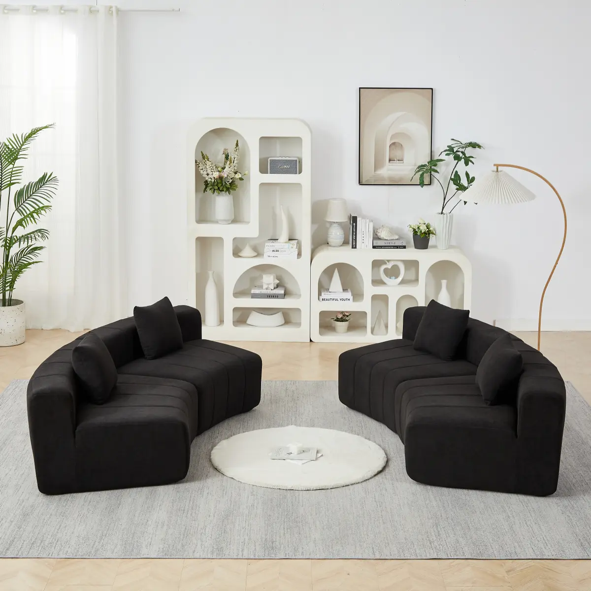 Chenille curved sectional sofa with 4 pillows,Curved Symmetrical Modular Semi Circular Sofa Sectional for bedroom, living room, office for leisure or nap, reading room, and lobby