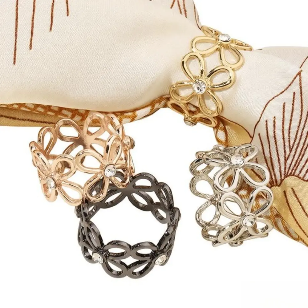 4pcs Luxury Hollow Inlaid Rhinestone Four-Leaf Clover Scarf Buckles 4 Pack ~10g Total, Geometric Metal Scarf Knot Ring, Elegant Decor Fastener for Ladies Shawls & Silk Scarves