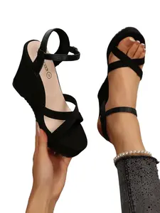 Women's Cross Strap Wedge Sandals, Adjustable Ankle Buckle, Solid Color Open-Toe Summer Dress Shoes, Perfect for Parties, Evening Events, Daily Wear