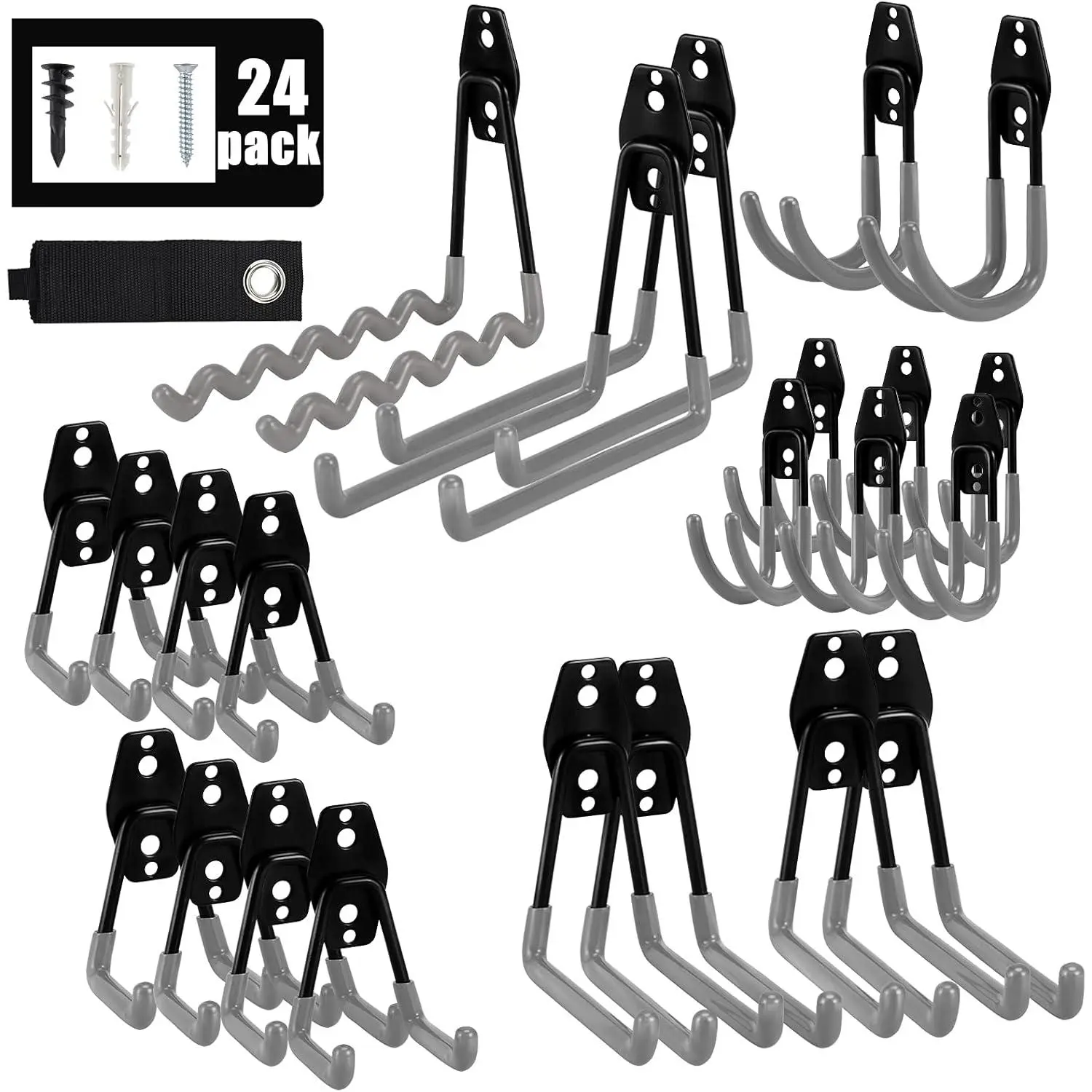 24 count Garage Hooks, Heavy Duty Double Garage Hanger Organizer Wall Mount Iron Anti-Slip Garage Storage Hooks for Ladder, Power Tool,,Ropes(23 Hooks & 1 hoder Strap-Gray