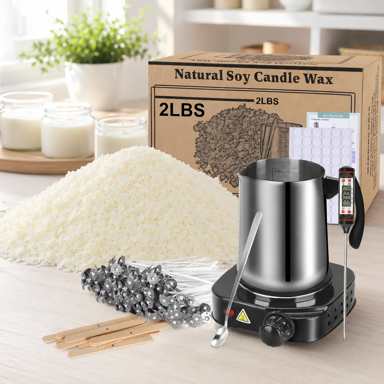 Complete Candle Making Kit with Electric Wax Melter Stove - 2lbs Natural Soy Wax Starters Pack, Full DIY Craft Supplies Gift Set for Adults & Beginners