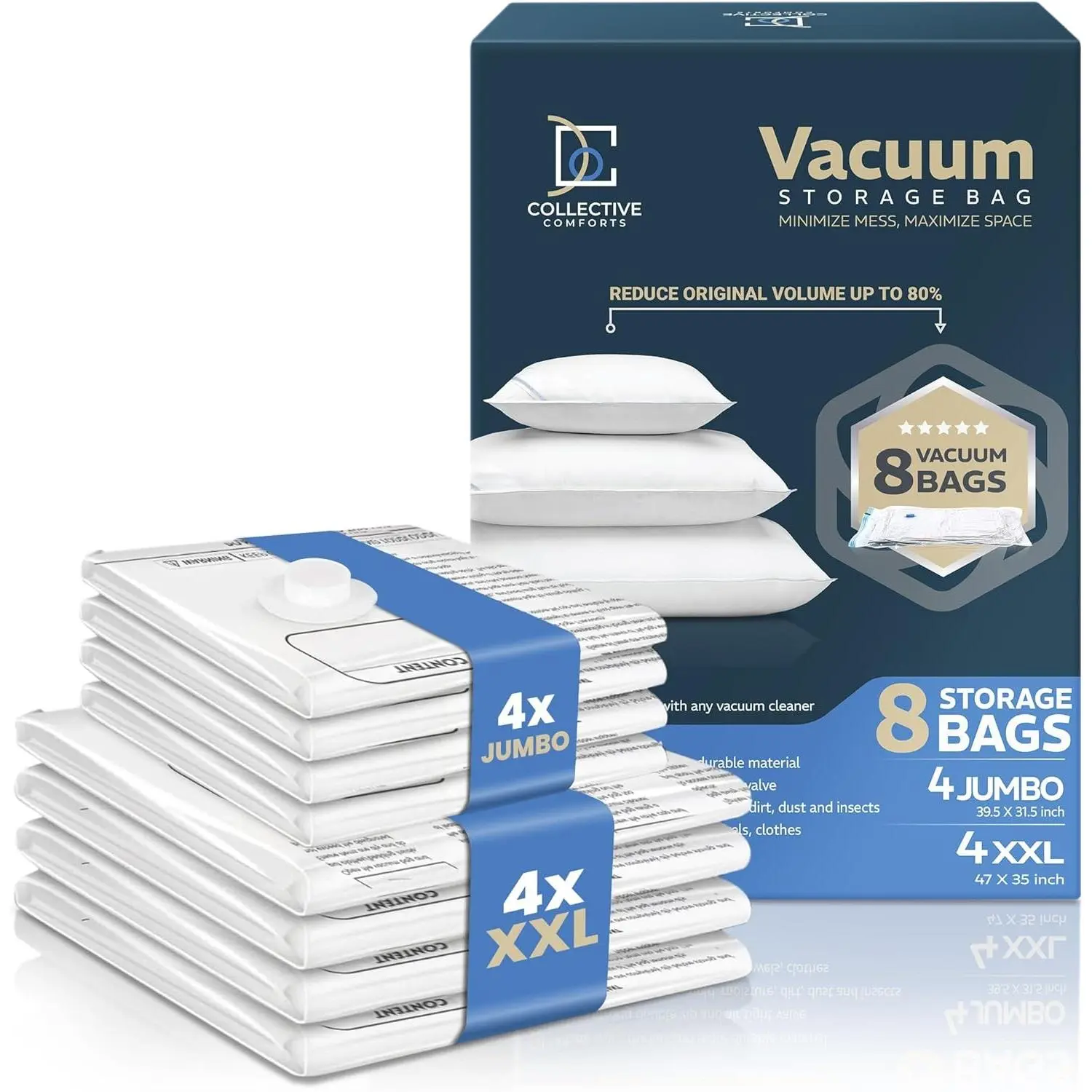 8 Pack Heavy Duty Vacuum Storage Bags, Reusable Space Saver Compression Sacks for Blanket Storage, Bedding & Comforters - Includes 4 XXL & 4 Jumbo, Compression Bag, Organiser