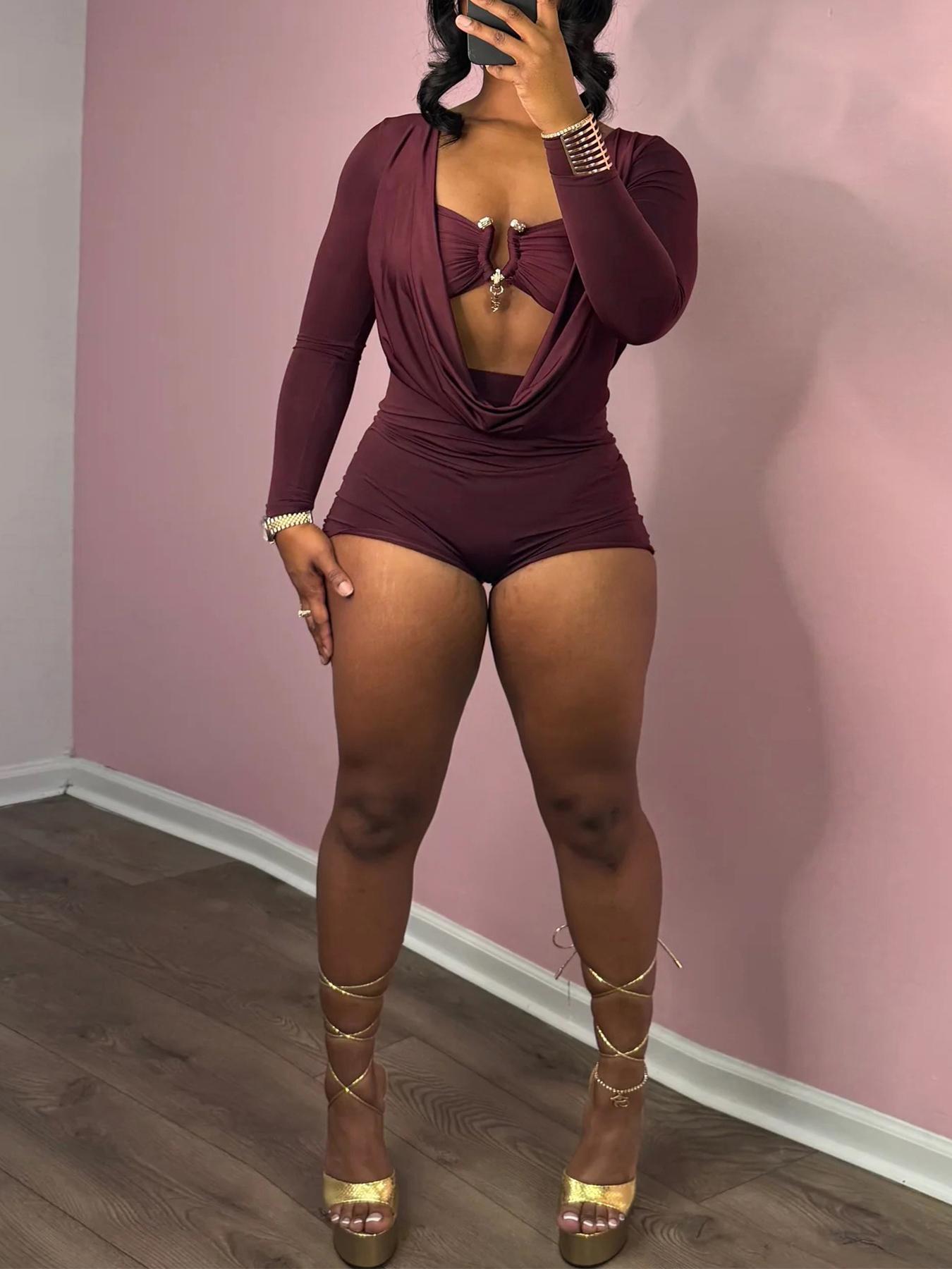 Women's 2 in 1 Draped Design Romper, Casual Thigh Fitted Long Sleeve Skinny Romper for Daily Wear, Ladies Clothes for Spring & Fall