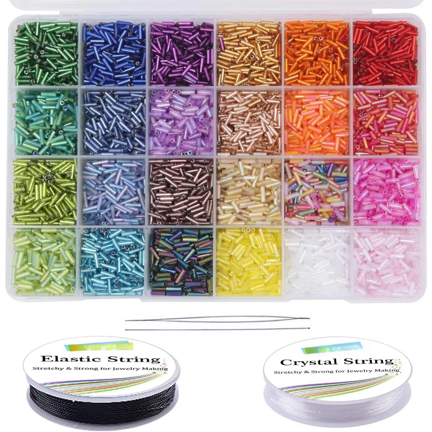 9600-Count Glass Tube Beads Kit, 7mm Bugle Seed Beads, 24 Colors (400 Per Color) with 2 Strings for DIY Bracelet, Necklace Crafting Supplies (Toys & Hobbies, Beading & Jewelry Making)