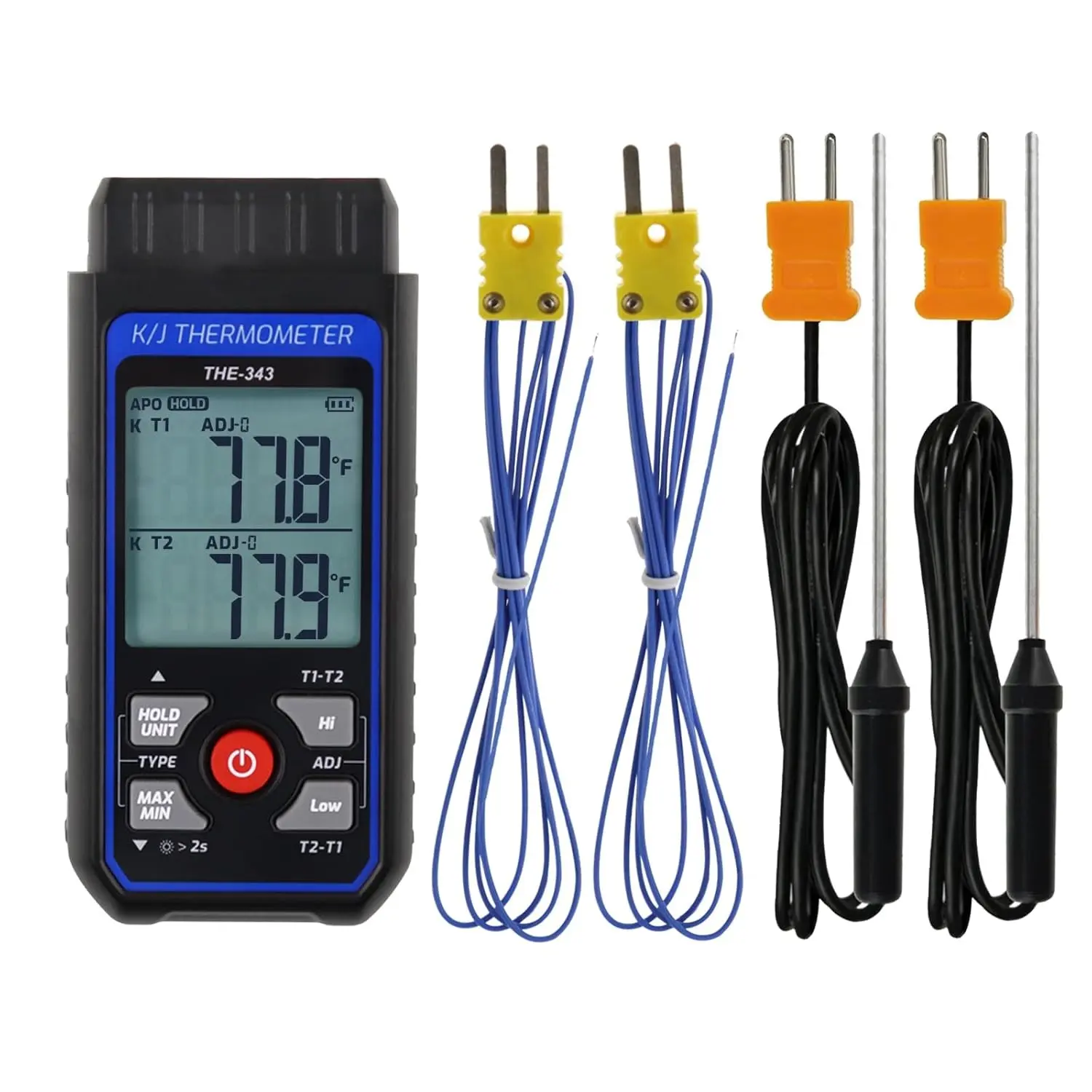Digital K/J Type Thermocouple Thermometer with 4 K Type Thermocouples, HVAC Temperature Meter with Alarm & Adj Compensation, Measuring Range -328°F ~ 2501°F